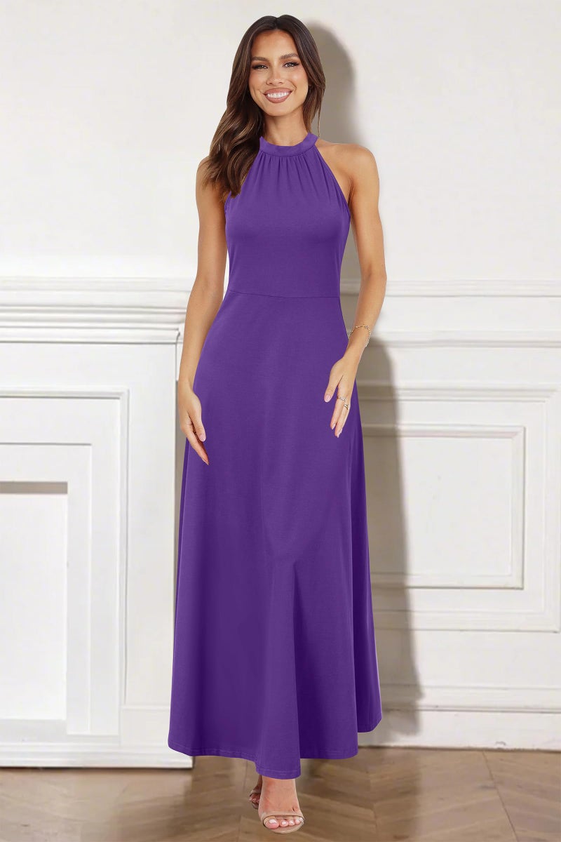STYLEWORD Women's Summer Halter Neck Long Semi Formal Dress Sexy Sleeveless Cocktail Evening Party Wedding Guest Maxi Dresses(Purple,L) - Image 4